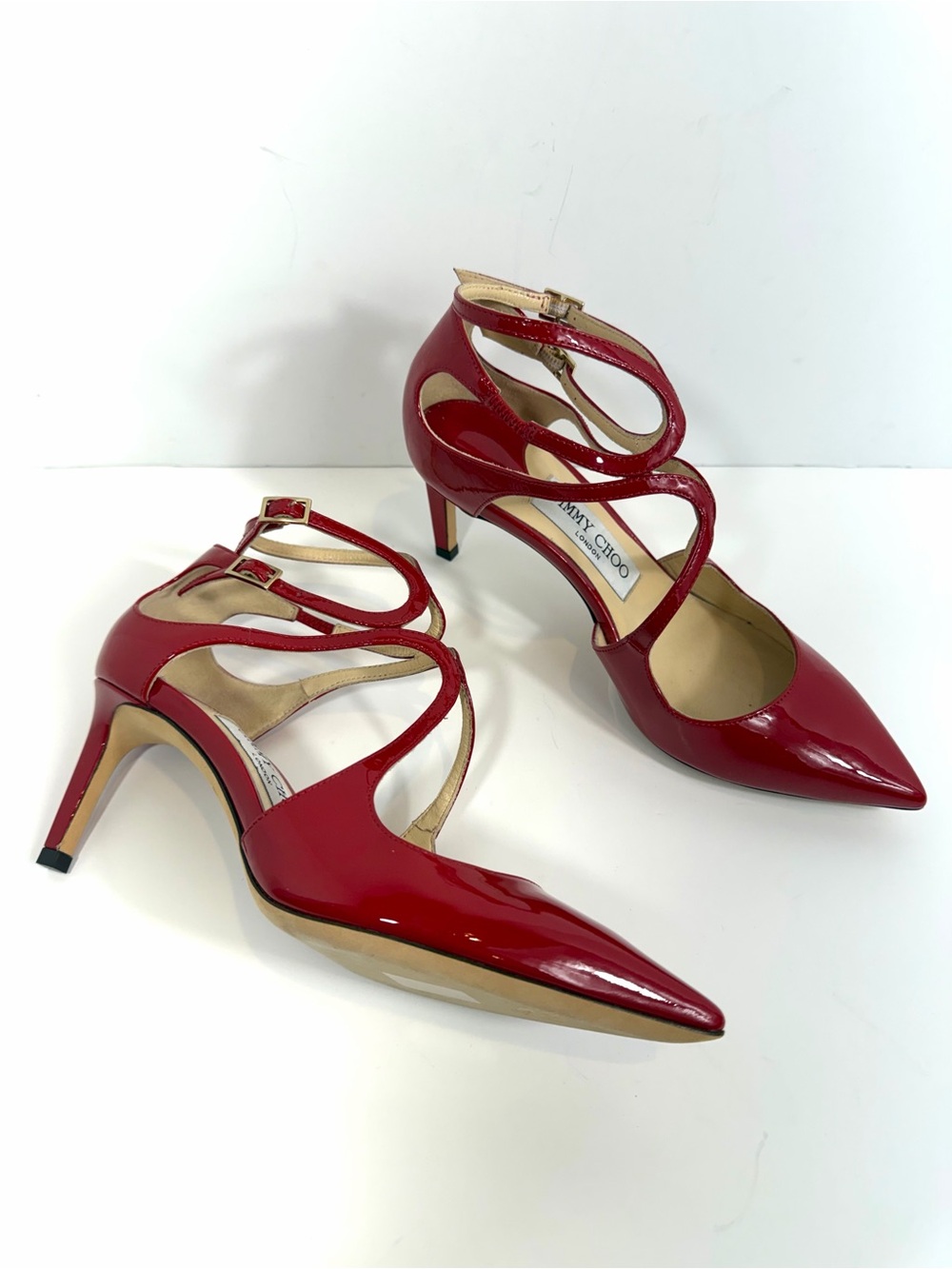 Jimmy Choo Red Patent Leather Strappy Pointed Toe Pumps - Size 36 - Picture 4 of 13